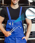 Flexible Magnetic Pickup Tool Set 5 Lb With 23.6 Inch Bendable Extension And Pen Clip shown with mechanic in blue overalls.