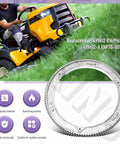 Upgraded Aluminum Alloy Ring Gear 499612 Replacement For Small Engines And Lawn Tractors next to a riding lawn mower