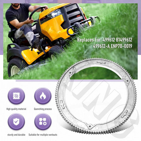 Upgraded Aluminum Alloy Ring Gear 499612 Replacement For Small Engines And Lawn Tractors next to a riding lawn mower