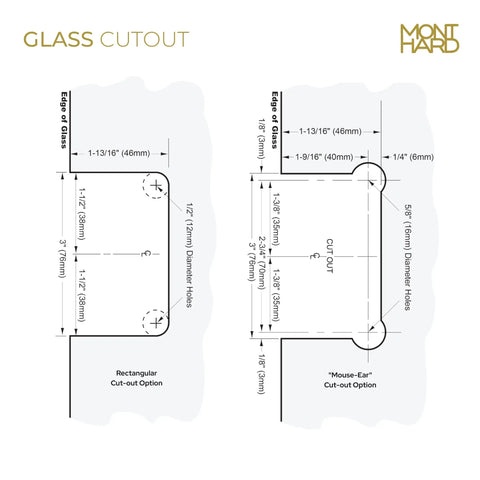 Diagram of glass cutout options for Heavy Duty Shower Door Hinge 90 Degree Matte Black Built To Handle Wider Glass Doors Up To 140 Lbs