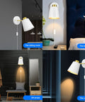 Rotatable Plug In Wall Sconces With Adjustable Angle White Matte Shade Metal Vintage Industrial Dope Vibe Wall Mounted Reading Lights For Bedroom Bedside Hallway Office 2 Pack in various room settings, showing versatility and style.