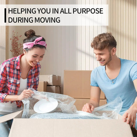 A couple packing dishes with Two Pack 12 Inch By 72 Foot Nylon Bubble Wrap Roll Heavy Duty Three Sixteenths Inch Perforated Every Twelve Inches.