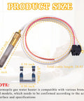 Thermopile sensor assembly with brass probe, white insulated cable, and mounting clip for water heater pilot burner (front view).