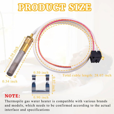 Thermopile sensor assembly with brass probe, white insulated cable, and mounting clip for water heater pilot burner (front view).
