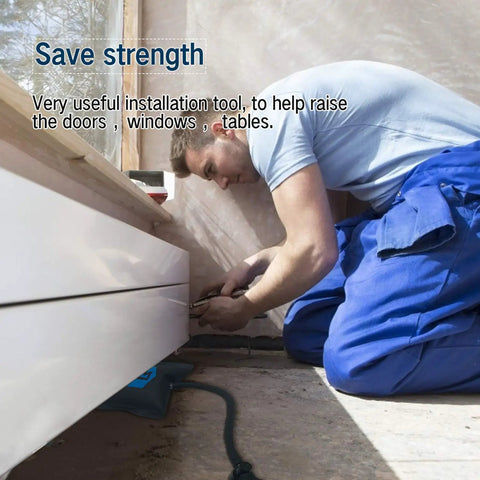 Person using Air Wedge Bag Kit With Pump 3 Pack Pro Grade Leveling And Alignment Tools under cabinet for alignment.