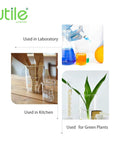 Collage of 12 Piece Glass Beaker Set 200ml Each With Spout Dual Scale Printed Graduation showcasing lab, kitchen, and plant uses.