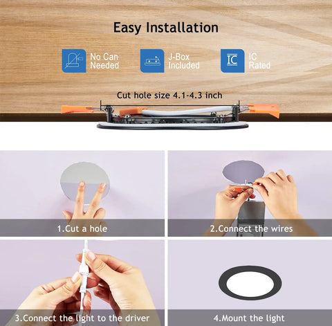 Installation guide for Black Recessed Canless 4 Inch Wafer Pot Lighting With Junction Box Dimmable, showing cut hole and wiring.