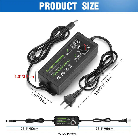 60W Adjustable DC Power Supply With LED Display, 3V To 12V Output, 5A Max, showing dimensions and plug compatibility