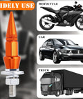 Orange Spike License Plate Screws Kit Four Piece With Anti Theft Bolts Made From Stainless Steel And Aluminum Alloy shown with motorcycle, car, and truck