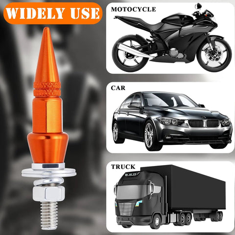 Orange Spike License Plate Screws Kit Four Piece With Anti Theft Bolts Made From Stainless Steel And Aluminum Alloy shown with motorcycle, car, and truck