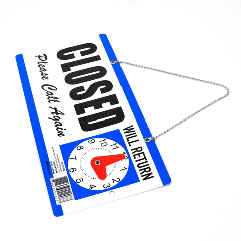 Double-Sided Closed Sign With Clock And Will Return Indicator, Adjustable Return Time, Built Tough Durable Hanging Door Sign