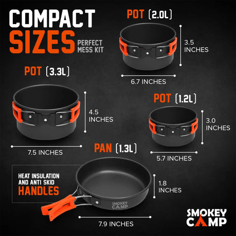 All-In-One Camping Cookware Set With Stove And Adapter, showing compact sizes of nonstick pots and pan with dimensions