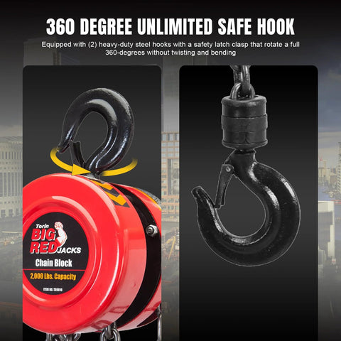 360-degree hooks on 1 Ton Hand Chain Hoist With 8ft Lift, Two Heavy Duty Hooks, Mechanical Load Brake, alloy steel chain, corrosion resistant