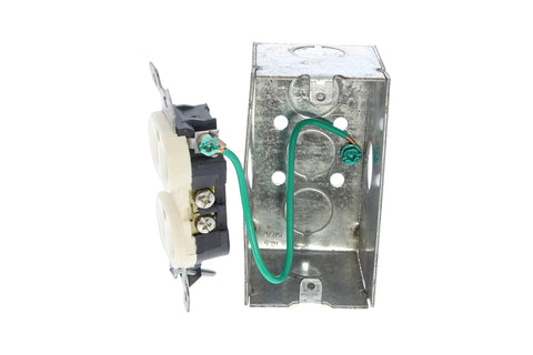 Green 12 AWG Solid Pigtails With Screws, Grounding Wire Set attached to metal electrical box, NEC Article 250 Compliant