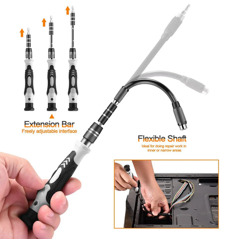 Premium 115 In 1 Magnetic Precision Screwdriver Set For Electronics And Tech Repair with extension bar and flexible shaft.