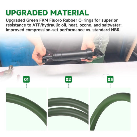 Person holding an actuator and upgraded green FKM fluoro rubber O-rings; 4 Piece O Ring Seal Kit for Trim Tab Actuators A1120 A1121.