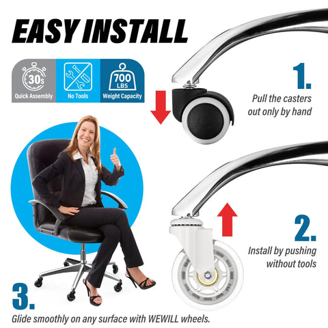 Office Chair Wheels Rubber Casters Replacement Set Of 5 Universal Fit Heavy Duty 3 Inch Smooth And Quiet Rolling For All Floor Surfaces Hardwood Tile Carpet Noise Free White installation graphic