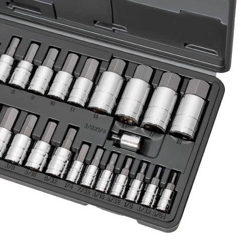 33 Piece Hex Socket Master Set For SAE And Metric Allen Bits In Quarter Inch, Three Eighth Inch, And Half Inch Drives, S2 Steel