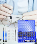 Complete Eyeglass Repair Kit With 1000 PCS In 32 Slot Blue Case featuring tools and screws for fixing glasses.