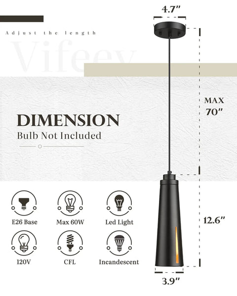 Diagram of Two Pack Industrial Pendant Lighting Set Modern Farmhouse Black Mini Hanging Lights For Kitchen Island Dining Room Living Room And Hallway Sleek Black Finish With Subtle Gold Accent For Dope Cozy Vibe At Home VF1911PTBK showing dimensions and features.