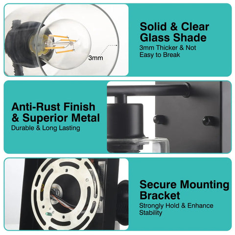 Modern Matte Black Wall Sconces With Clear Glass Shades, showing 3mm thick glass shade and anti-rust metal finish.