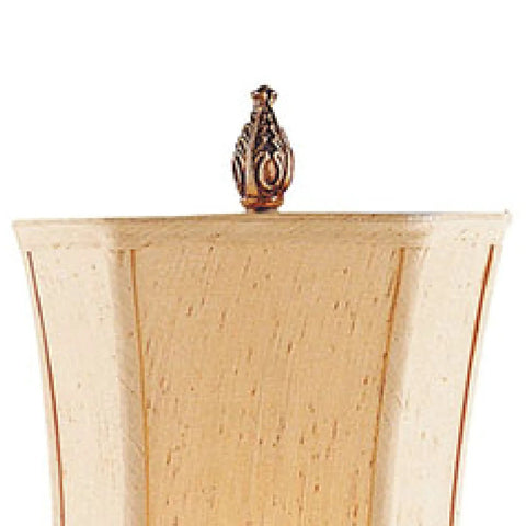 Top view of Sweet Ginger Buffet Lamp with ornate finial on square faux silk shade, gold finish, traditional profile.
