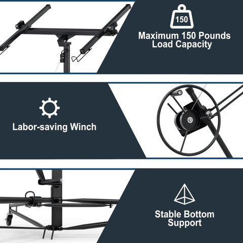 16 Foot Heavy Duty Drywall Lift And Rolling Panel Hoist, 150 Lb Capacity Telescopic Jack with labor-saving winch and stable support.