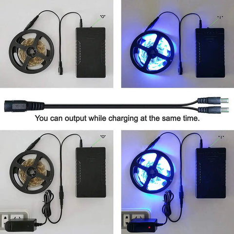 Beefy Dual Output 12V And 5V Portable Li-Ion Battery Pack With 66.6Wh powering LED strips, includes charger and cables