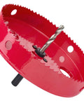 Red six inch hole saw with heavy duty steel design and non binding edge for smooth cuts in wood and thin metal.
