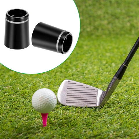 Black Golf Ferrule Set For Irons 12 Pack 0.335 Inch Tip Shaft Sleeve Adapter Durable Plastic Ferrules With Silver Ring All Iron Shaft Compatible Golf Club Accessories on grass with golf club and ball