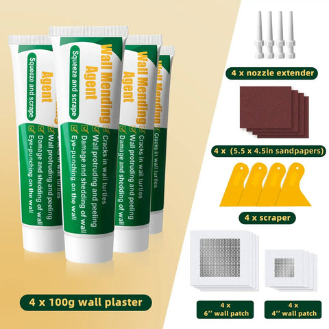 4 Pack Wall Repair Kit with drywall repair cream paste, scrapers, patches, sandpapers, nozzle extenders, interior and exterior use