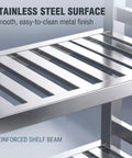 Heavy Duty Stainless Steel Shelving Unit Top Notch Metal Storage Rack Rock Solid Heavy Hitter For Kitchen Pantry Garage Industrial Load Holding Organizer Shelf 47 X 24 X 59 Inch, close-up of reinforced stainless steel surface.