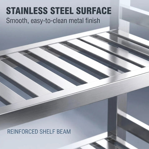 Heavy Duty Stainless Steel Shelving Unit Top Notch Metal Storage Rack Rock Solid Heavy Hitter For Kitchen Pantry Garage Industrial Load Holding Organizer Shelf 47 X 24 X 59 Inch, close-up of reinforced stainless steel surface.