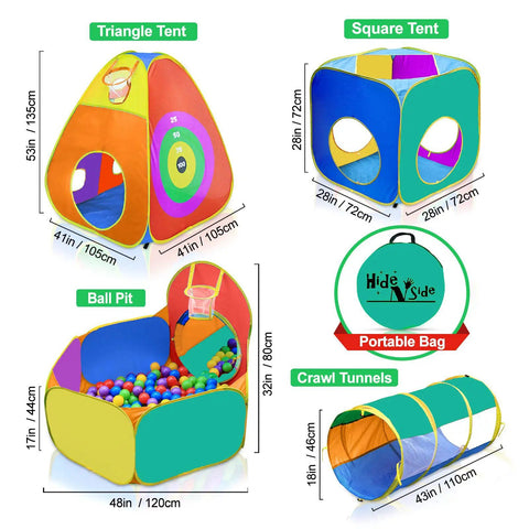 Epic Ball Pit Play Tent Set For Kids with pop up obstacle course, colorful triangle, square tents, ball pit, crawl tunnels, portable bag