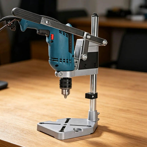 Versatile Drill Stand And Press Converter For Portable Drills mounted on a wooden table, showcasing steel build and dual hole support.