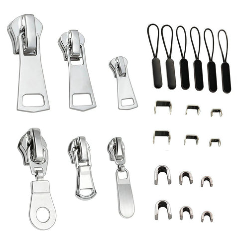 Three In One Zipper Repair Kit With Anti Slip Lock Sliders And Replacement Pulls, showing metal zippers and stops.