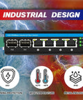 Front view of Six Port Hardened Industrial Gigabit PoE Plus DIN Rail Fiber Network Switch showing ports, icons, and wide temperature feature.