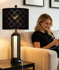 Dope 28 Inch Tall Modern Table Lamps Set Of 2 For Living Room And Bedroom Black Industrial Metal Frame With Warm Glow Night Light Easy Lampshade Assembly USB A And Type C Charging Ports on side table