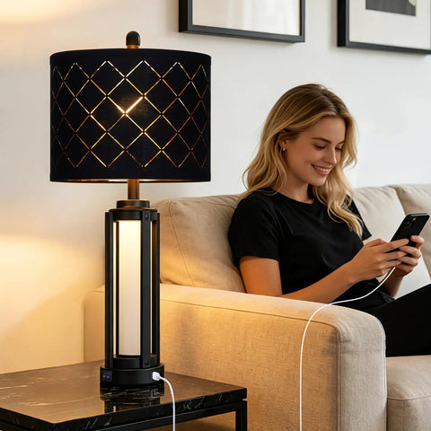Dope 28 Inch Tall Modern Table Lamps Set Of 2 For Living Room And Bedroom Black Industrial Metal Frame With Warm Glow Night Light Easy Lampshade Assembly USB A And Type C Charging Ports on side table