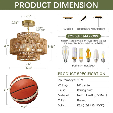 Downright Stunning Handwoven Rattan Pendant Light That Definitely Gives A Super Chill Boho Vibe And Lets Smooth Ambient Lighting Warm Up Your Cozy Kitchen Island, dimensions 12.4" wide, brown finish.