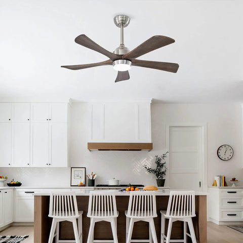 Neojoyoenix 42" 5PCS Solid Wood Blades Ceiling Fan with Lights Remote Control, in a modern kitchen above a dining area.