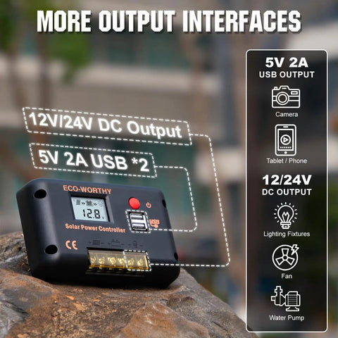 30A Solar Charge Controller With Bluetooth And Dual USB Ports For 12V And 24V Systems on rocky surface, output interfaces