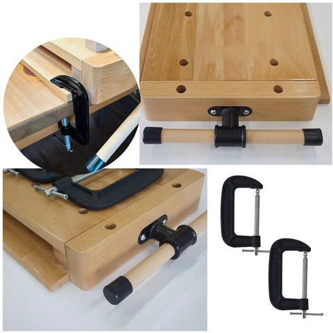 Rock Solid Portable Woodworking Vise And Straight Up Adjustable Bench Table With Hardcore Steel Clamps For Garage Studio Home Workshop Or Shop Diy Uses featuring beech wood top and steel clamps.