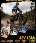 Beast Level Fat Tire Electric Bike For Adults With 1500W Peak Motor on muddy trail, showing 16-inch fat tires and dual suspension.