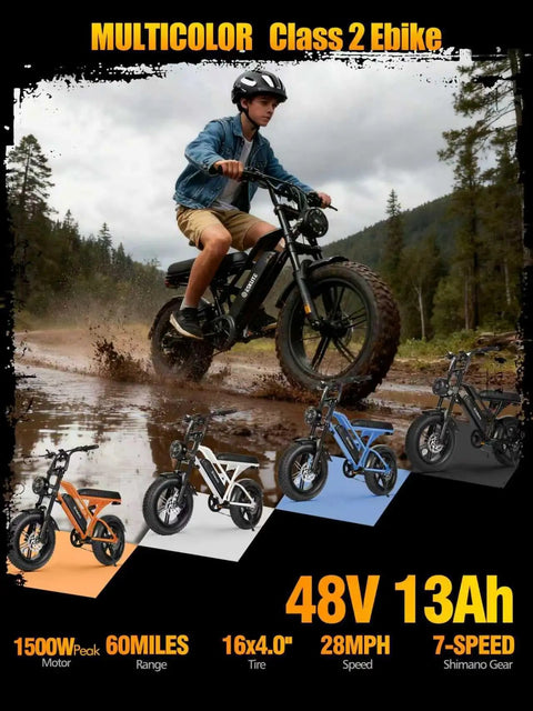 Beast Level Fat Tire Electric Bike For Adults With 1500W Peak Motor on muddy trail, showing 16-inch fat tires and dual suspension.