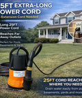 Heavy Duty Submersible Water Pump Kit With 25 Foot Garden Hose And 25 Foot Power Cord Three Quarter HP Utility Pump shown near a house.