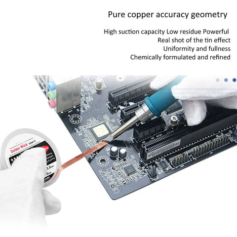 Technician using Pro Grade Premium Solder Wick Desoldering Braid for Electronics Repair on motherboard for precise solder removal