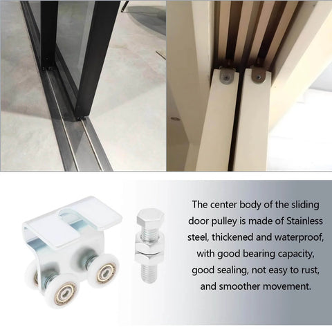 Two Pack Stainless Steel Nylon Sliding Track Roller Kit With Bolts And Nuts For Barn Doors And Sliding Doors Heavy Duty Carriage Assembly For Durable Kitchen And Home Spaces, shown installed and with components displayed.