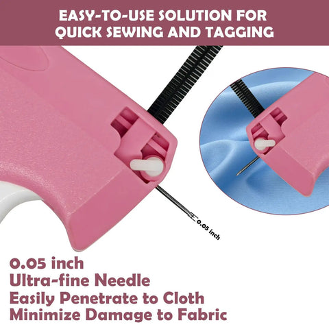 Close-up of Slick Portable Handheld Stitch Gun For No Sweat Clothes Tagging with ultra-fine needle penetrating fabric.