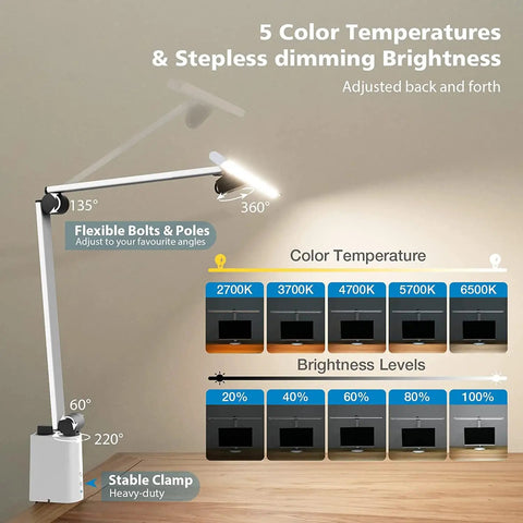 LED Desk Lamp With Clamp And Swing Arm, 31.5 Inch Wide Architect Style Desk Light, 1200 Lumen Brightness, color temps and dimming